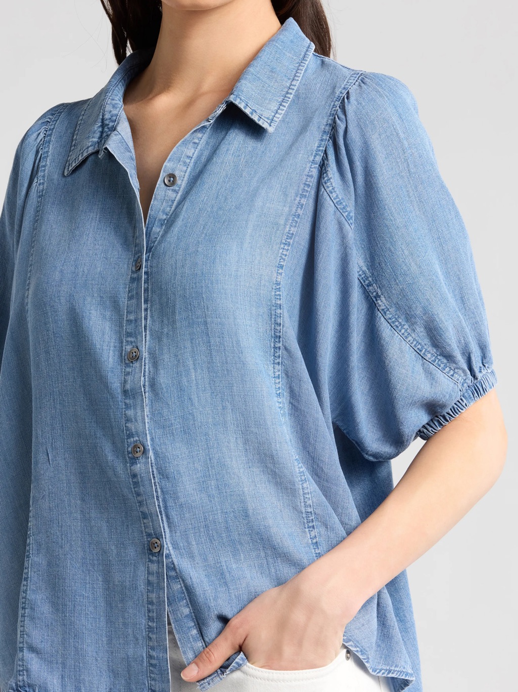 Splendid Light Blue Denim-Effect Button Down Top